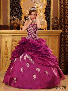 Dark Purple Ball Gown Strapless Floor-length Organza Appliques Quinceanera Dress 