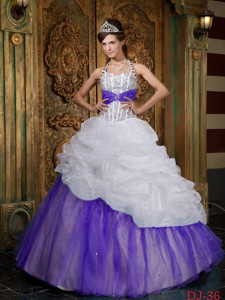 White And Purple Princess Halter Floor-length Beading Quinceanera Dress