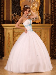 White Ball Gown Strapless Floor-length Satin and Organza BeadingQuinceanera Dress 