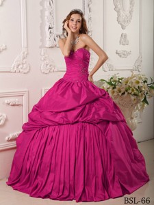 Exclusive Ball Gown Sweetheart Floor-length Beading Taffeta Hot Pink Quinceanera Dress 