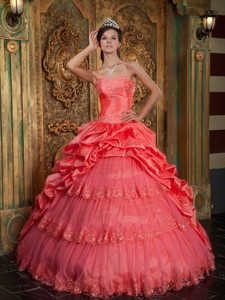 Watermelon Ball Gown Sweetheart Floor-length Taffeta and Tulle Lace Appliques Quinceanera Dress 