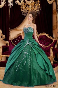Green Ball Gown Sweetheart Floor-length Taffeta and Tulle Appliques Quinceanera Dress 