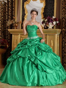 Green Ball Gown Strapless Floor-length Taffeta Beading Quinceanera Dress 