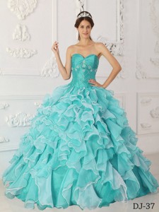 Aqua Blue Princess Sweetheart Floor-length Taffeta And Organza Beading Quinceanera Dress