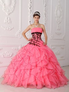 Sweet Coral Red Strapless Appliques and Ruffles Quinceanera Dress 