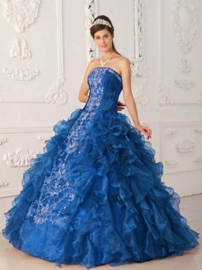 Blue Ball Gown Strapless Floor-length Satin and Organza Embroidery Quinceanera Dress 