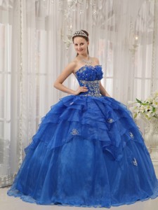 Blue Ball Gown Strapless Floor-length Organza Beading Quinceanera Dress 
