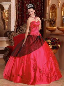 Coral Red Ball Gown Sweetheart Floor-length Satin Embroidery with Beading Quinceanera Dress 