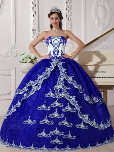 Dark Blue and White Ball Gown Strapless Floor-length Organza Appliques Quinceanera Dress 