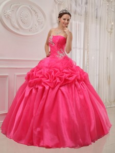 Hot Pink Ball Gown Strapless Floor-length Organza and Taffeta Ruch and Beading Quinceanera Dress 