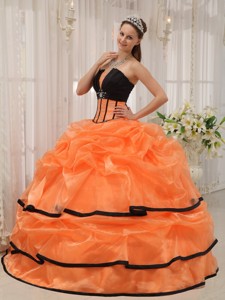 Orange and Black Ball Gown Strapless Floor-length Satin and Organza Beading Quinceanera Dress 