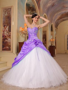 Lilac And White Sweetheart Floor-length Beading Tulle And Taffeta Quinceanera Dress