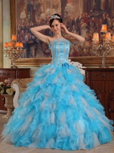 Aqua Blue Ball Gown Strapless Floor-length Appliques Organza Quinceanera Dress 