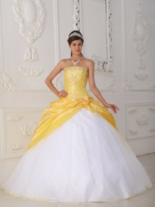 Yellow and White Ball Gown Strapless Floor-length Organza and Taffeta Appliques and Hand Flower Quin