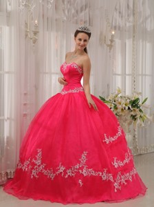 Coral Red Ball Gown Sweetheart Floor-length Taffeta and Organza Appliques Quinceanera Dress 