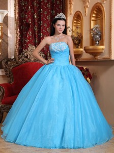 Baby Blue Ball Gown Strapless Floor-length Organza Appliques Quinceanera Dress 