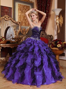 Sweetheart Beading and Ruffles Quinceanera Dress in Purple and Black 