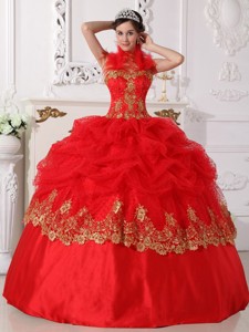 Red and Gold Ball Gown Halter Floor-length Taffeta Beading and Appliques Quinceanera Dress 