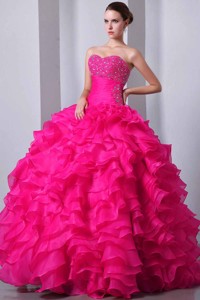 Coral Red Princess Sweetheart Floor-length Organza Beading And Ruffles Quinceanea Dress