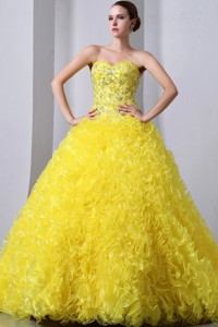 Yellow Princess Sweetheart Brush Train Organza Beading And Ruffles Quinceanea Dress