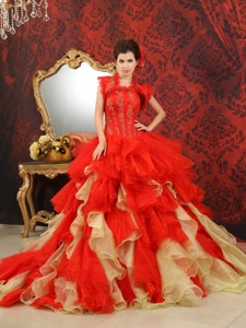 Ruffled Appliques With Beading For Red And Champagne Wedding Dress With Jacket Chapel Train