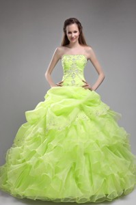 Yellow Green Ball Gown Strapless Floor-length Orangza Beading and Ruffles Quinceanera Dress