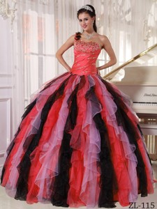 Multi-colored Ball Gown One Shoulder Floor-length Organza Beading and Ruffles Quinceanera Dress