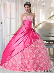 Hot Pink Ball Gown Strapless Floor-length Taffeta Lace Quinceanera Dress