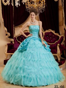 Aqua Blue Ball Gown Strapless Floor-length Ruffles Taffeta and Organza Quinceanera Dress