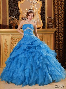 Teal Ball Gown Floor-length Organza Beading And Ruffles Quinceanera Dress