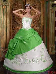 Strapless Spring Green and White Floor-length Embroidery Quinceanera Dress