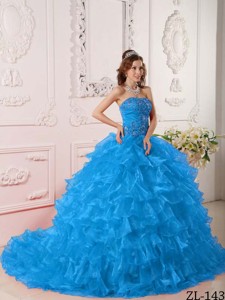 Teal Ball Gown Strapless Floor-length Organza Ruffles And Embroidery Quinceanera Dress