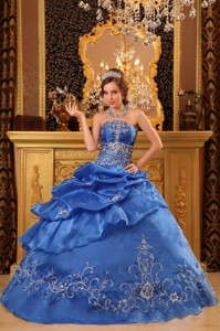 Blue Ball Gown Strapless Floor-length Organza Beading Quinceanera Dress