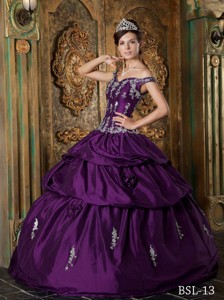 Eggplant Purple Ball Gown Off The Shoulder Floor-length Taffeta Appliques Quinceanera Dress
