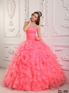 Romantic Ball Gown Sweetheart Floor-length Organza Beading Watermelon Quinceanera Dress