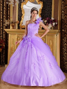 Lavender Ball Gown One Shoulder Floor-length Appliques Tulle Quinceanera Dress