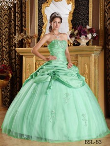 Apple Green Ball Gown Strapless Floor-length Tulle and Taffeta Beading Quinceanera Dress