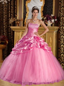 Rose Pink Ball Gown Floor-length Taffeta and Tulle Beading Quinceanera Dress