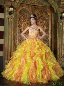 Golden Ball Gown Strapless Floor-length Organza Ruffles Quinceanera Dress