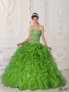 Spring Green Ball Gown Sweetheart Floor-length Satin and Organza Appliques Quinceanera Dress