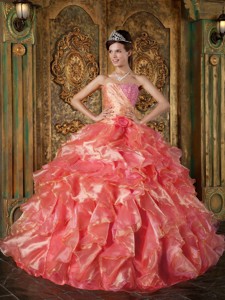 Coral Red Ball Gown Strapless Floor-length Beading and Ruffles Quinceanera Dress