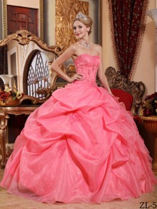 Watermelon Ball Gown Strapless Floor-length Organza Appliques Quinceanera Dress