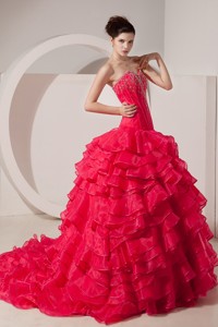 Coral Red Princess Sweetheart Brush Train Taffeta Beading Prom Dress