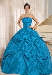 Teal Ball Gown Quinceanera Dress With Pick-ups For Custom Made Taffeta