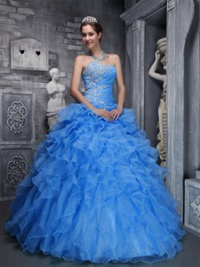 Beautiful Sweetheart Taffeta and Organza Beading and Appliques Blue Quinceanera Dress