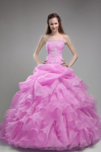 Rose Pink Ball Gown Strapless Floor-length Orangza Beading and Ruffles Quinceanera Dress