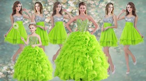 Visible Boning Yellow Green Quinceanera Gown And Sequined Short Dama Dress And Beaded And Ruffled
