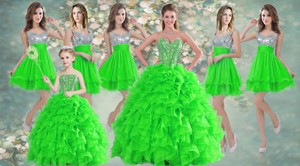 Really Puffy Spring Green Sweet 16 Dress And Sequined Short Dama Dress And Beaded And Ruffled Mini