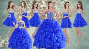 Big Puffy Beaded Blue Quinceanera Dress And Sequined Short Dama Dress Ruffled Mini Quinceanera Dre