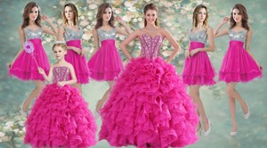 Pretty Hot Pink Beaded And Ruffled Quinceanera Dress And Short Sequined Dama Dress And Strapless M